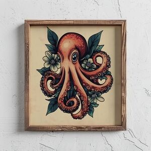 Octopus Sea Vintage Tattoo Flash Portrait, Vintage Ocean Marine Wall Art- Wall